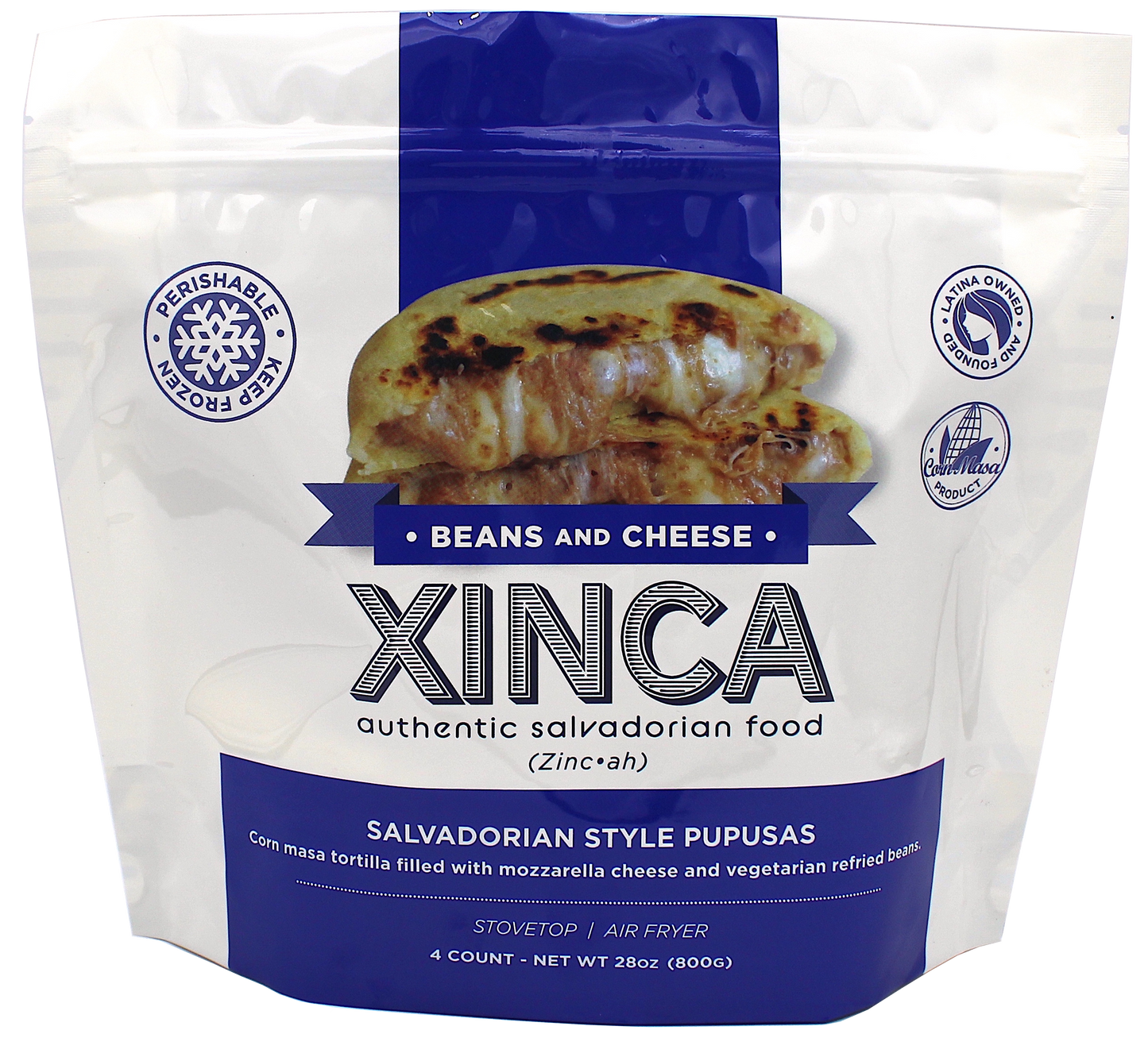 Beans & Cheese Pupusas retail packaging. Blue and white with perishable keep frozen widget, corn masa product & Latina Owned and Founded