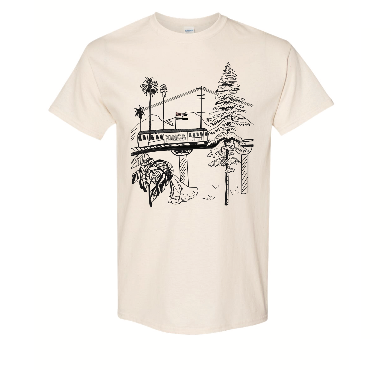 White Shirt with trees, train and Loroco flower.