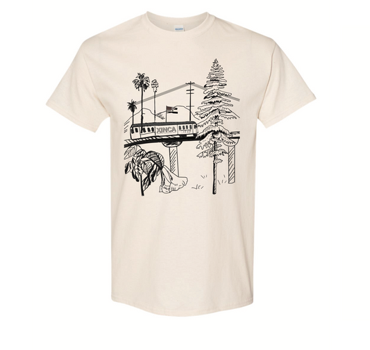 White Shirt with trees, train and Loroco flower.