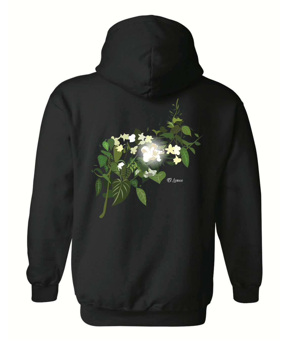 The back of the sweater with El Loroco design artwork. Color black sweater