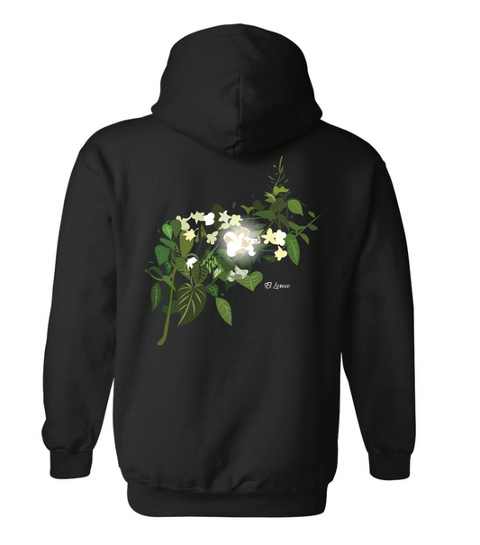 The back of the sweater with El Loroco design artwork. Color black sweater