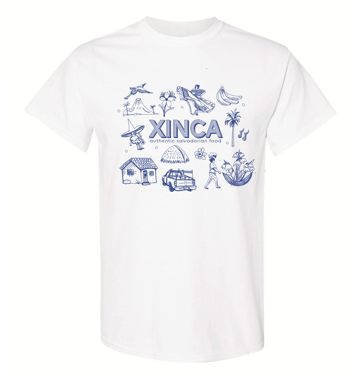 White Shirt with blue design, showing a woman dancing, bananas, flor de izote, a truck, a bird, palm trees and a house with the Xinca authentic Salvadorian food logo in the middle