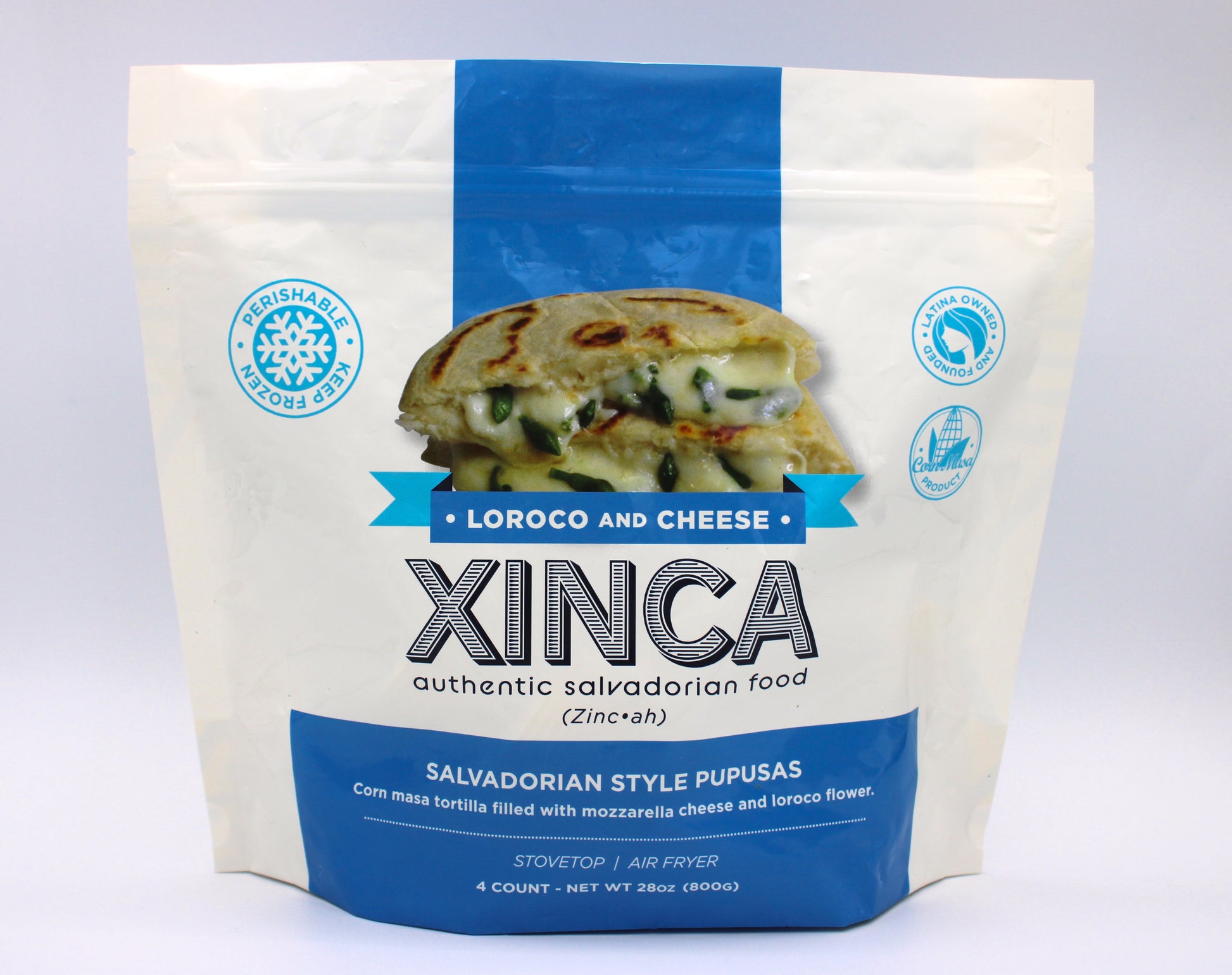Retail Packaging of Loroco & Cheese Pupusa in a light blue and white color. With Perishable Keep Frozen widget and Corn Masa Product