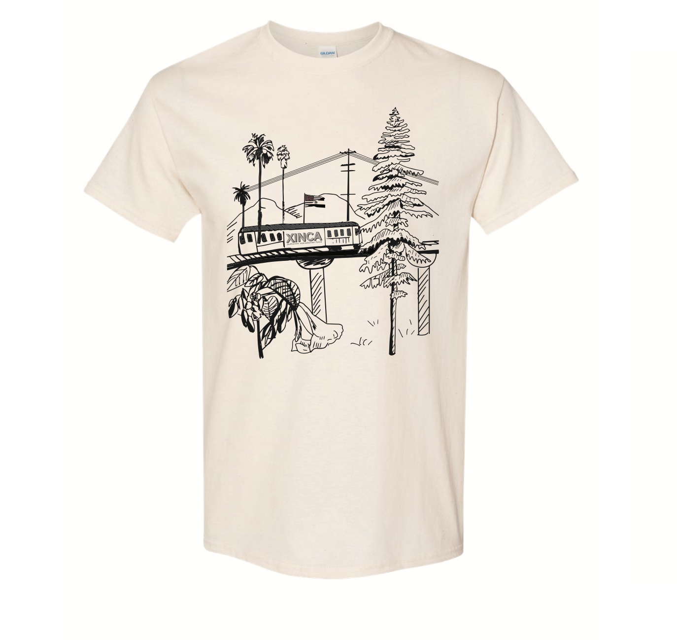 White Shirt with trees, train and Loroco flower. 