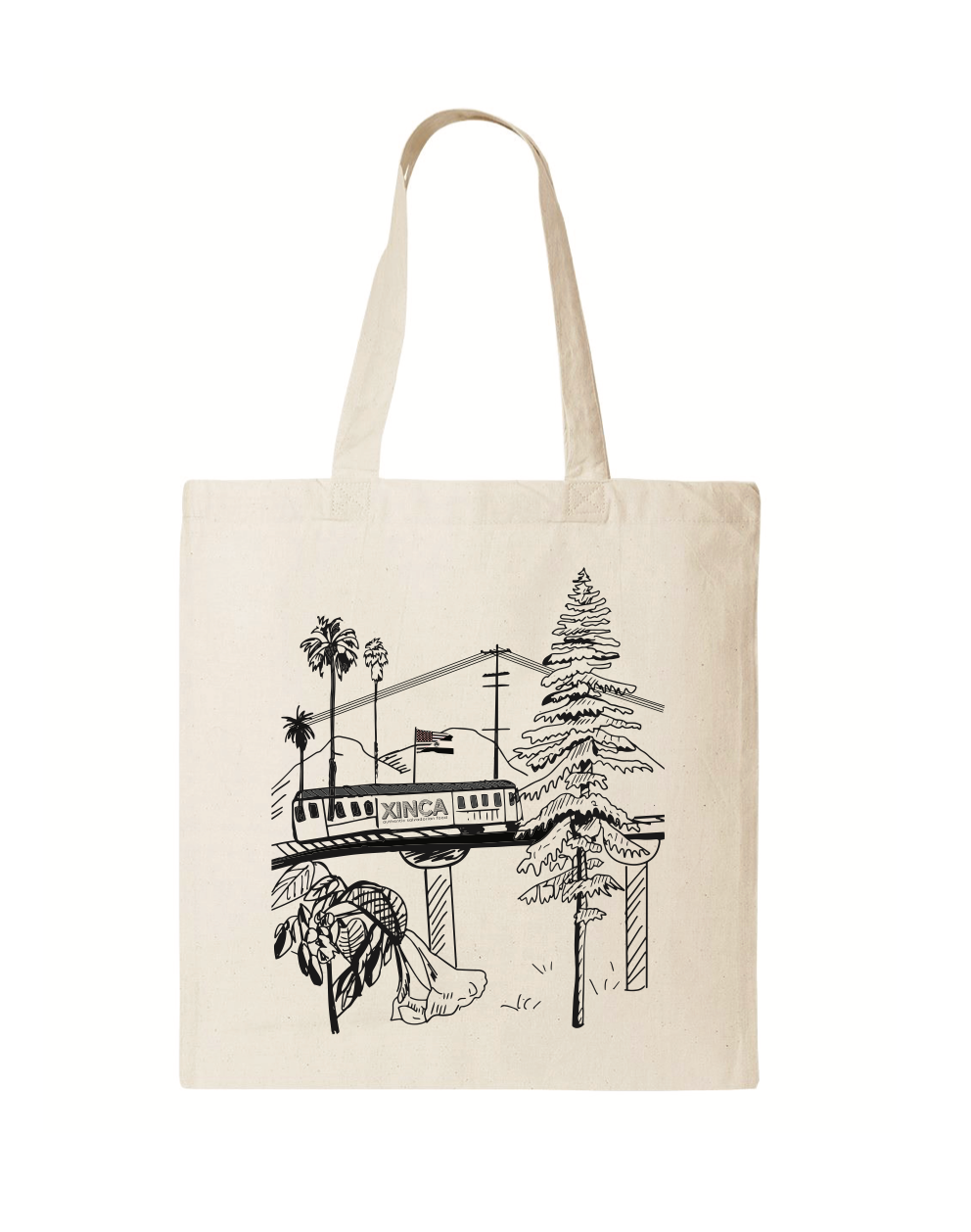 Beige Canvas tote bag with image of trees, Loroco flower with a train containing the Xinca Logo 