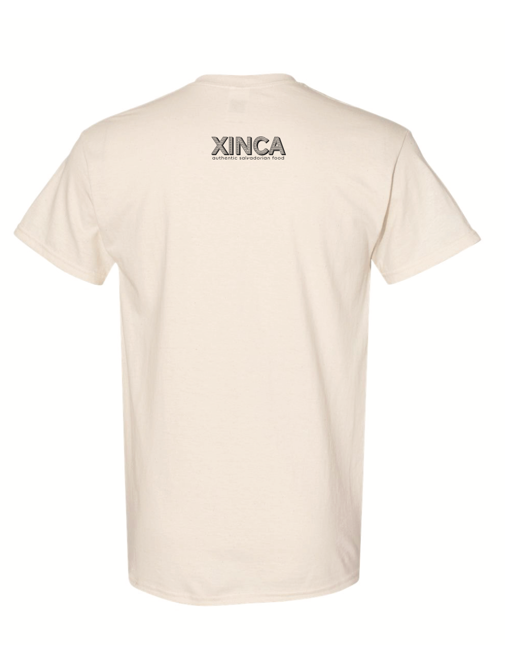 Back of the white shirt with Xinca Authentic Salvadorian Food logo