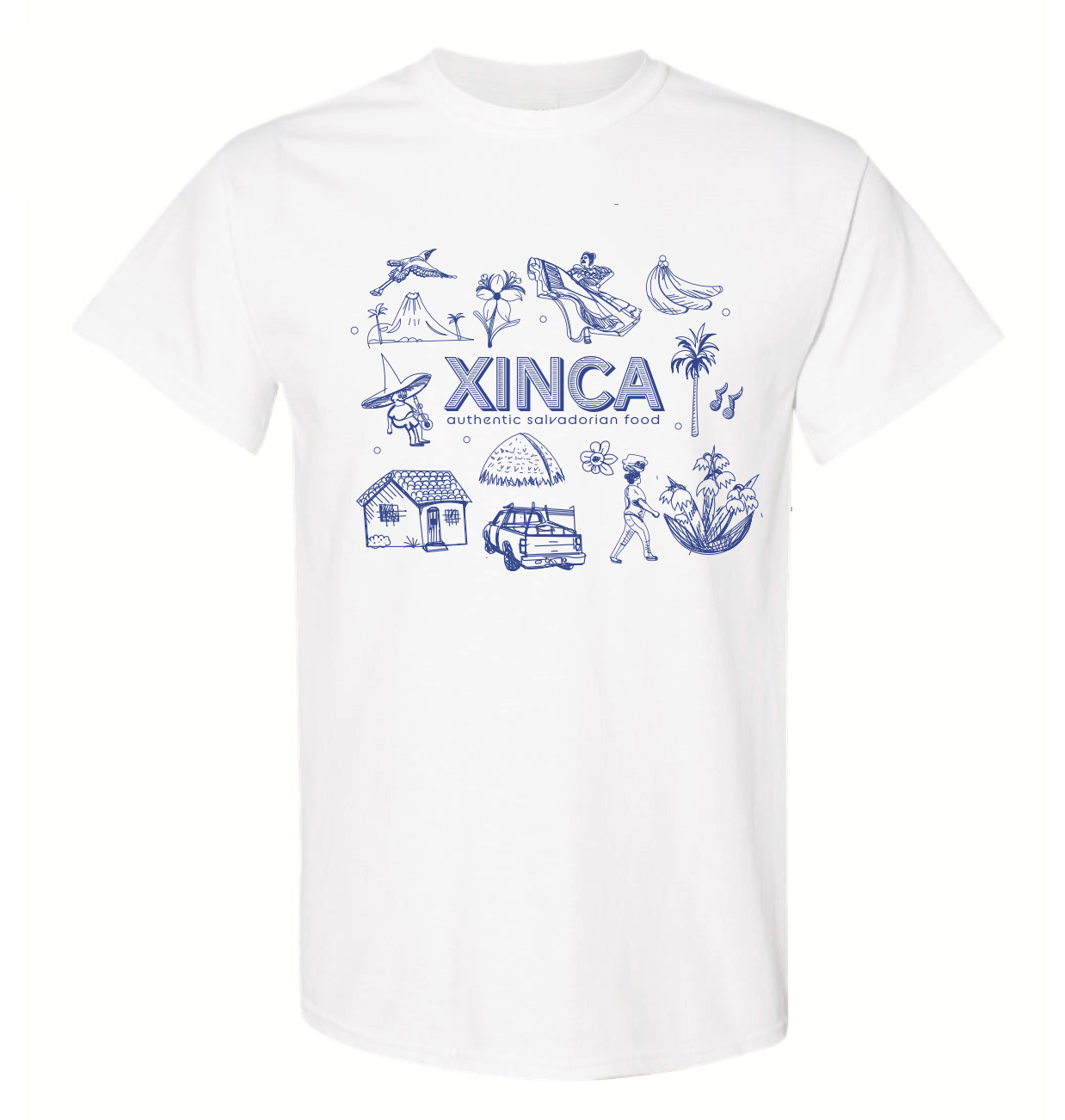 White Shirt with blue design, showing a woman dancing, bananas, flor de izote, a truck, a bird, palm trees and a house with the Xinca authentic Salvadorian food logo in the middle 